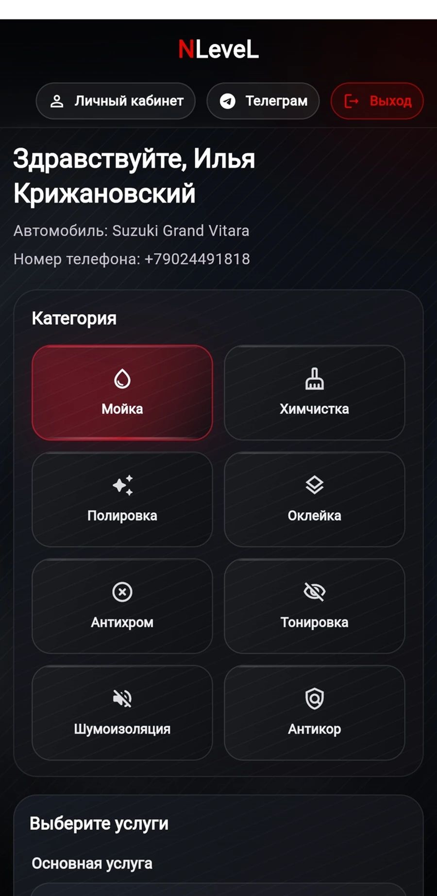 Выбор категории и услуг